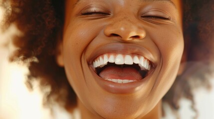 A woman laughs her mouth open wide forming a beautiful genuine smile that reaches her sparkling eyes. .