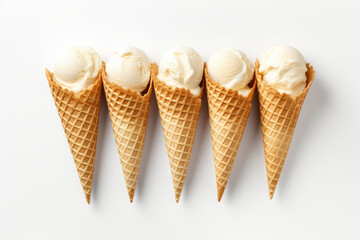 Vanilla ice cream served in waffle cones on a white surface