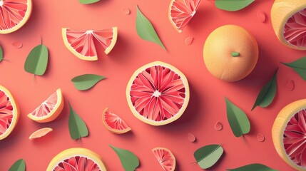 Layered Citrus Delight Delicate paper-cut grapefruits, bursting with tangy flavor, layer on a vibrant coral background - obrazy, fototapety, plakaty