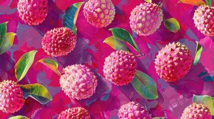 Lychee Remix A digital collage explodes with vibrant textures and exotic lychees against a deep magenta backdrop. - obrazy, fototapety, plakaty