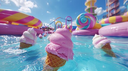 Playful scene of inflatable ice cream cone floats in a swimming pool, capturing the essence of summer fun with vivid colors and sparkling water.