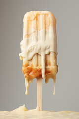Close-up of a delicious caramel latte popsicle, coffee and cream treat melting on a soft beige background