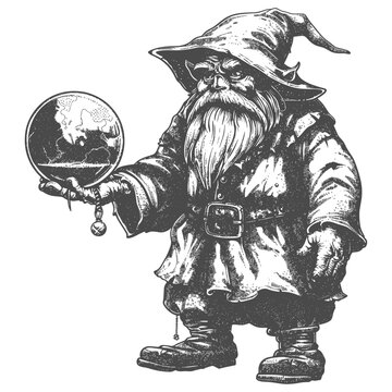dwarf mage with magical orb full body images using Old engraving style body black color only