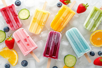 Various fruity ice popsicles amongst slices of fresh fruit and ice, summer refreshment concept