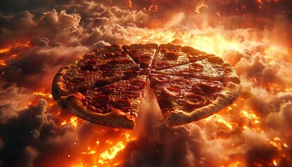 See the surreal juxtaposition of a 3Drendered pizza against the backdrop of cosmic damnation