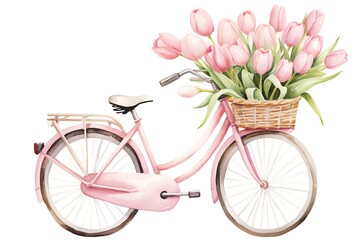 Bicycle with pink tulips bouquet. Watercolor illustration.