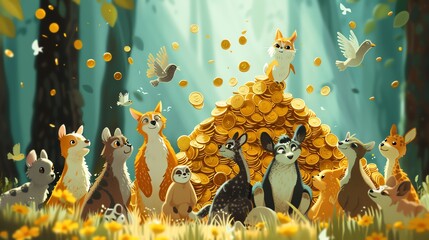 Visualize a menagerie of animals gathering around a towering pile of coins in a whimsical 2D world - obrazy, fototapety, plakaty