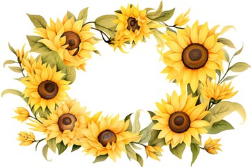 Round frame with sunflowers and leaves isolated on white background.