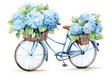 Bicycle with blue hydrangea flowers. Watercolor illustration