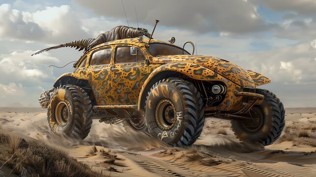 Visualize a rugged vehicle adorned with intricate animal patterns, soaring above the realms of imagination