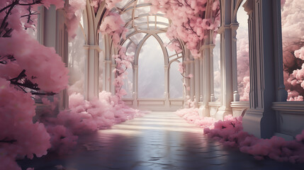 gloomy white tunnel with pink flowers and leaves, mirror rooms, saturated pigment pools, precise,...