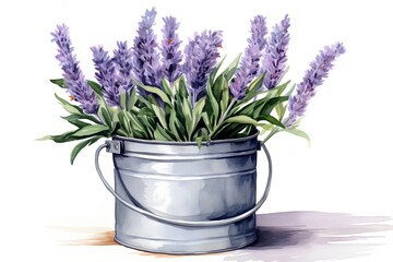 Naklejka na ściany i meble Lavender bouquet in a metal bucket. Watercolor illustration