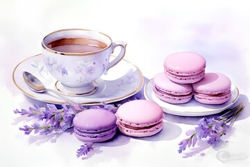 Obraz na płótnie Canvas Cup of coffee and pink macaroons with lavender flowers on a white background