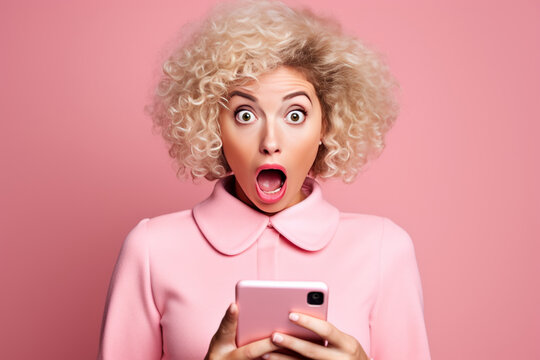 Blond woman in a pink jacket looking very surprised or shocked holding a cell phone