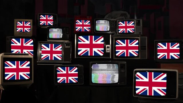 Flag of the United Kingdom and Vintage Televisions. 4K Resolution.