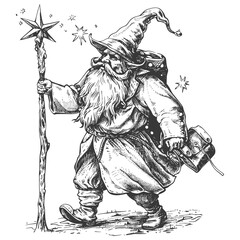 dwarf mage with magical staff full body images using Old engraving style body black color only