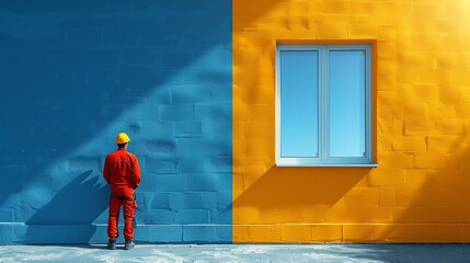 Animated figure installing energyefficient windows, blue and yellow complementary background