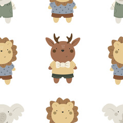 Obraz premium Seamless pattern with cartoon animal toy, baby decor elements. simple flat vector. Hand drawing for children. baby design for fabric, textile, wrapper, print, baby shower 