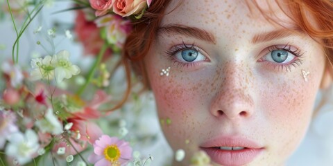 A striking woman with freckles on her face, wearing a crown of vibrant flowers on her head, exuding natural beauty and grace. - obrazy, fototapety, plakaty