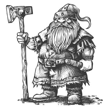 dwarf warrior with hammer full body images using Old engraving style body black color only