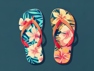 A pair of flip-flops with a vibrant tropical flower print, showcased against a dark backdrop..