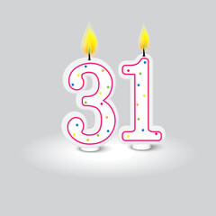 Celebratory number 31 candles. Birthday age decoration. Anniversary numeral lights. Festive cake topper. Vector illustration. EPS 10.