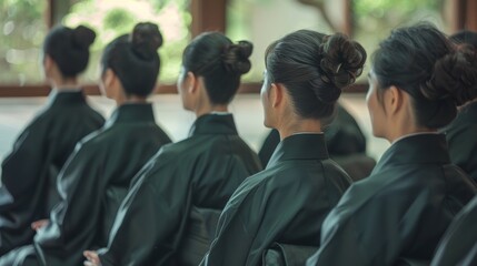 A row of individuals all wearing matching black traditional robes sitting in meditative silence as they wait for turn to participate . . - obrazy, fototapety, plakaty