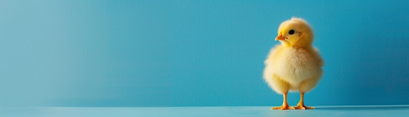 Fototapeta premium A cute and fluffy yellow chick standing alone against a striking blue background.