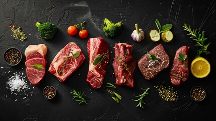 A culinary display of various raw premium meat cuts artfully arranged with fresh herbs and spices