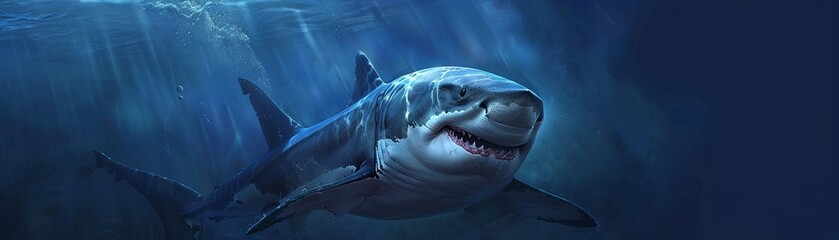 Obraz premium A formidable great white shark swims in the blue depths of the ocean