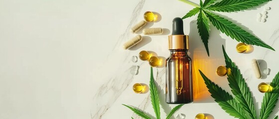 A dropper bottle of CBD oil is prominently displayed alongside scattered cannabis leaves and capsules