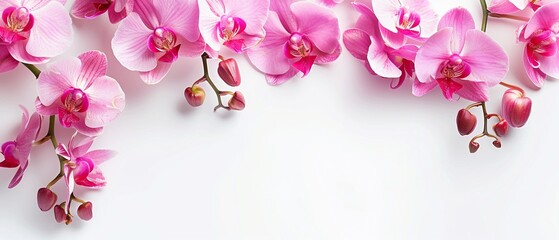A delicate border of elegant pink orchid flowers lines one side of a clean white background