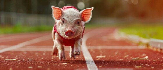 A humorous image of a piglet dressed in an athletic suit