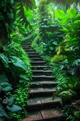 Fototapeta na wymiar A mystical stairway cuts through a dense garden its steps flanked by lush greenery