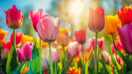A vibrant field of colorful tulips basks under the warm glowing sun