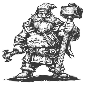 dwarf warrior with hammer full body images using Old engraving style body black color only