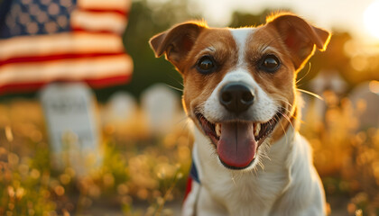 A happy dog celebrating Independence Day with an American flag in the background, representing the joyful and festive atmosphere of the holiday.