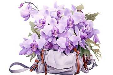 Bouquet of purple orchids and a backpack. Vector illustration.