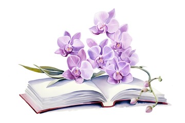Bouquet of violet orchids and an open book on a white background