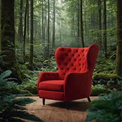 Fototapeta premium Escape to nature's embrace with a cozy armchair amid lush wilderness. Let the vibrant red hues soothe amidst greenery.