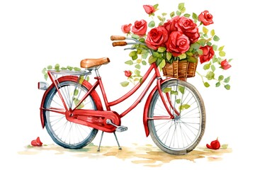 Fototapeta na wymiar Bicycle with bouquet of red roses. Hand drawn watercolor illustration