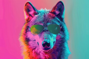 cool wolf wearing sunglasses on vibrant solid color background abstract digital art - obrazy, fototapety, plakaty