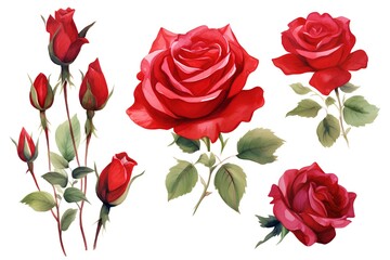 Set of red roses with leaves isolated on white background. Vector illustration.
