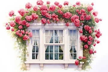Watercolor painting of a window decorated with pink roses on a white background