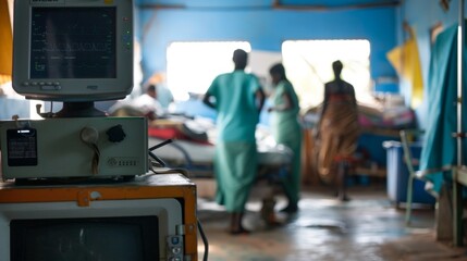 A biofuel generator hums in the background as a team of doctors and nurses rush to attend to patients in a makeshift medical center. The reliable and stable power source allows for . - obrazy, fototapety, plakaty