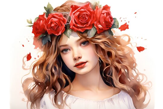 Portrait of a beautiful girl with red roses in her hair.