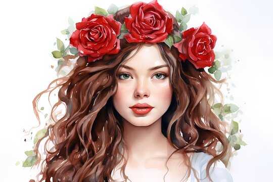 Closeup portrait of beautiful young woman with long wavy hair and red roses in her hair.