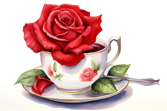 Watercolor illustration of a cup of tea with a red rose.