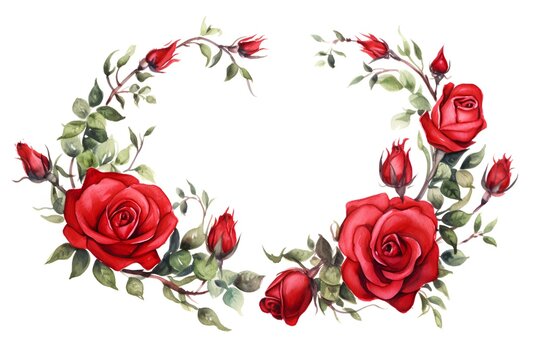 Watercolor floral wreath with red roses isolated on white background.