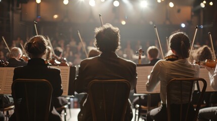 A row of musicians sit on stools instruments in hand facing away from the camera as they listen intently to conductors . . - obrazy, fototapety, plakaty